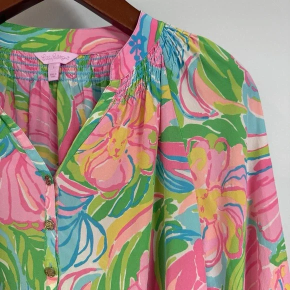 Lilly Pulitzer Silk Blouse S Floral Safari Pink Green Print Peasant Top FLAW - Picture 2 of 12